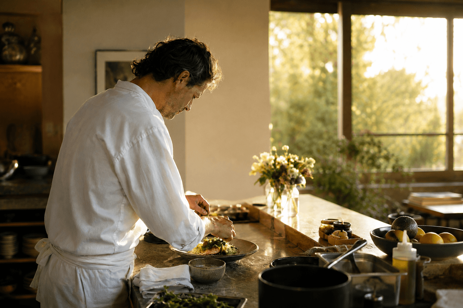 A private chef plating a dish in a client's kitchen in evening light